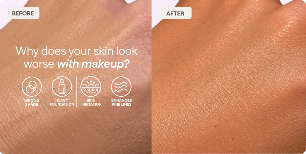 Before and after on the hand: why skin looks worse with makeup, then a warm even tone